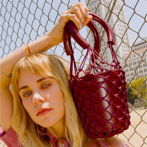 STAUD mini “Moreau” macrame & leather bag in burgundy - Picture 2 of 6